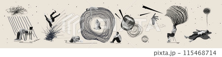 Contemporary art collage. People with tangled scribble heads, expressive gestures, and abstract elements, set against beige background. 115468714