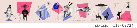 Banner. Contemporary art collage. People reflecting emotional states against beige background with geometrical shapes. 115468724