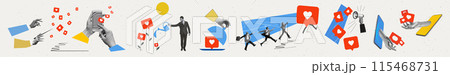 Contemporary art collage. Composition in which people want to be popular and grow, collect and run for likes. Contemporary art collage. Composition in which people want to be popular and grow, collect and run for likes. 115468731