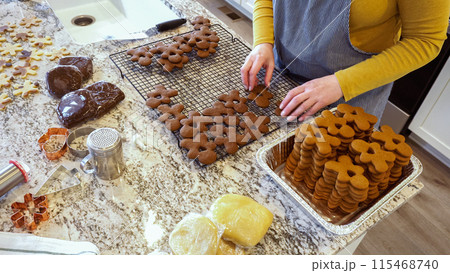 After baking to perfection, these delightful gingerbread cookies are now cooling gracefully on a wire rack, filling the modern kitchen with a warm and inviting aroma. 115468740