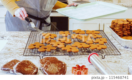 After baking to perfection, these delightful gingerbread cookies are now cooling gracefully on a wire rack, filling the modern kitchen with a warm and inviting aroma. After baking to perfection, these delightful gingerbread cookies are now cooling gracefully on a wire rack, filling the modern kitchen with a warm and inviting aroma. 115468741