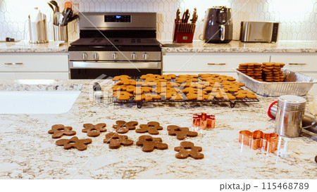 After baking to perfection, these delightful gingerbread cookies are now cooling gracefully on a wire rack, filling the modern kitchen with a warm and inviting aroma. 115468789