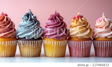 Colorful festive cupcakes lined row smooth colorful simple pink pattern colorful, minimalistic 115468813
