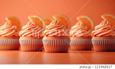 Orange festive cupcakes lined row smooth emerald simple green pattern yellow colors, minimalistic 115468817