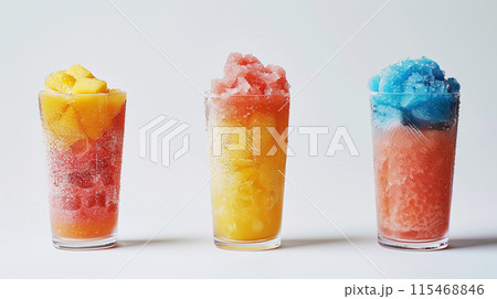 Flavored slushies, mango, blue raspberry, watermelon, stylish glassware clean light gray background Flavored slushies, mango, blue raspberry, watermelon, stylish glassware clean light gray background 115468846