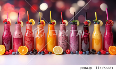 Assorted colorful fruit smoothies bottles with straws. Refreshing summer drinks with berries mint 115468884