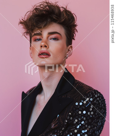 Portrait of young person with rainbow makeup, winking playfully at the camera. Concept LGBTQ 115468938