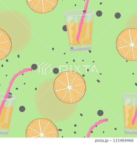 Seamless Pattern with Orange Juice in Glasses, Orange Slices, Chaotic Dots on a Lime Green Background. The pattern is ideal for packaging design, textiles, printing, and other creative projects. 115469466