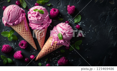 Ice cream cones pink white ice cream scoops surrounded by strawberries chocolate chips Ice cream cones pink white ice cream scoops surrounded by strawberries chocolate chips 115469486