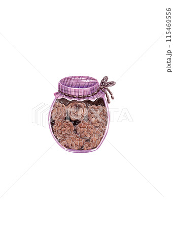 Jar of jam in cartoon style. Coniferous delicacy. Pine cones. Modern watercolor illustration, great design for any purpose Jar of jam in cartoon style. Coniferous delicacy. Pine cones. Modern watercolor illustration, great design for any purpose 115469556