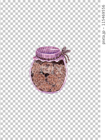 Jar of jam in cartoon style. Coniferous delicacy. Pine cones. Modern watercolor illustration, great design for any purpose Jar of jam in cartoon style. Coniferous delicacy. Pine cones. Modern watercolor illustration, great design for any purpose 115469556