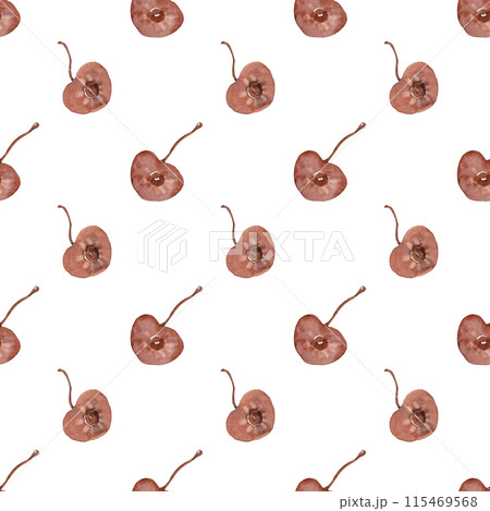 Cherry halves with stone. Watercolor ripe fruits. Sweet healthy dessert. Autumn and summer illustration. Seamless pattern for your kitchen design Cherry halves with stone. Watercolor ripe fruits. Sweet healthy dessert. Autumn and summer illustration. Seamless pattern for your kitchen design 115469568