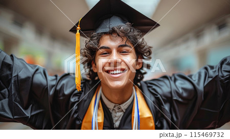 Graduate in cap gown with arms outstretched in celebration, isolated on white background 115469732