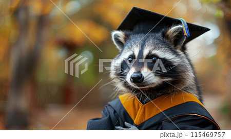 Raccoon graduation cap gown standing outdoors...のイラスト素材 [115469757] - PIXTA