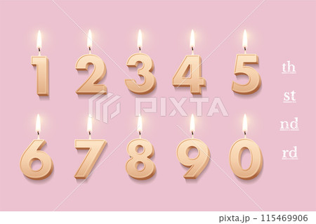 Birthday candles set for anniversary cake, 3D burning beige wax numbers with fire Birthday candles set for anniversary cake, 3D burning beige wax numbers with fire 115469906