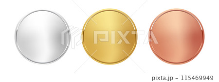 Award golden, silver and bronze blank medals 3d vector realistic illustration. First, second and third place medals or buttons isolated on white background. Quality blank, empty badge, emblem set Award golden, silver and bronze blank medals 3d vector realistic illustration. First, second and third place medals or buttons isolated on white background. Quality blank, empty badge, emblem set 115469949