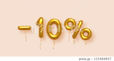 Discount creative composition with gold 10 percent off. 3d Golden sale symbol with decorative balloon numbers, minus and percent signs. Sale banner or poster on beige background vector illustration Discount creative composition with gold 10 percent off. 3d Golden sale symbol with decorative balloon numbers, minus and percent signs. Sale banner or poster on beige background vector illustration 115469957