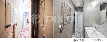 Apartment room with heated floor and electric towel dryer before and after restoration. Comparison of flat with underfloor heating pipes and new renovated bathroom with sink, mirror and towel warmer. 115469965