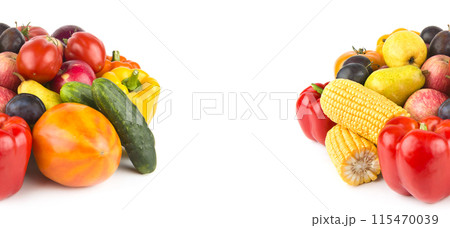 Collection fruits and vegetables isolated on a white. Collage. Free space for text. Wide photo. Collection fruits and vegetables isolated on a white. Collage. Free space for text. Wide photo. 115470039