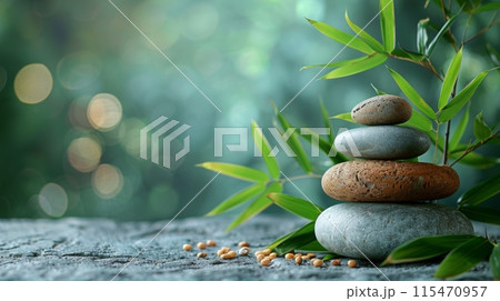 Photo of A stack of stones and bamboo leaves on wooden table 115470957