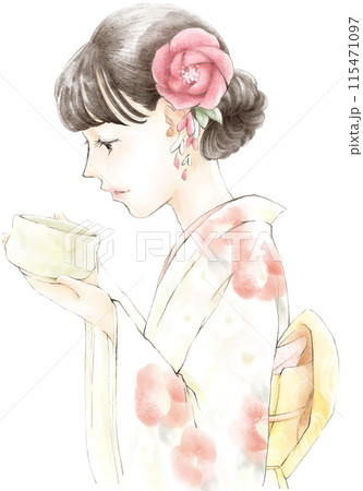 お椀を見つめる着物の女性 お椀を見つめる着物の女性 115471097