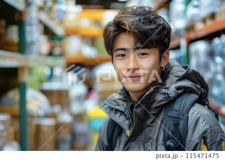 倉庫の中の若い男性のポートレート　AI生成画像 115471475