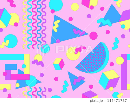 Geometric seamless pattern with memphis elements in 80s style. Colorful geometric pattern. Design of promotional products, wrapping paper and printing. Vector illustration Geometric seamless pattern with memphis elements in 80s style. Colorful geometric pattern. Design of promotional products, wrapping paper and printing. Vector illustration 115471787