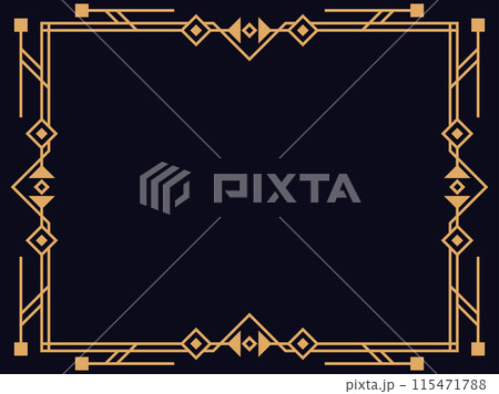Art deco frame. Vintage linear border. Design a template for invitations, leaflets and greeting cards. Geometric golden frame. The style of the 1920s - 1930s. Vector illustration Art deco frame. Vintage linear border. Design a template for invitations, leaflets and greeting cards. Geometric golden frame. The style of the 1920s - 1930s. Vector illustration 115471788