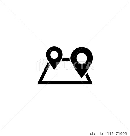 Simplified map with location pins connected by a line, representing a journey or route 115471996