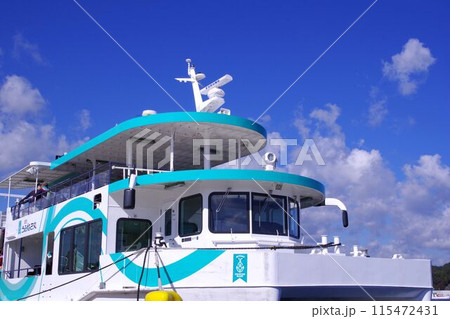 岩手の風景　浄土ヶ浜観光遊覧船　宮古うみねこ丸の船首 115472431