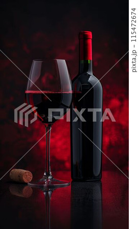 Red Wine Bottle and Glass on Black Background. Generative ai 115472674