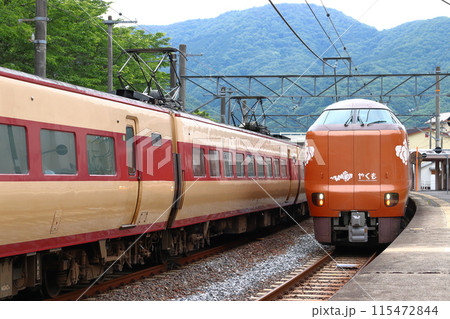 伯備線内で並ぶ特急やくも号の新旧車両(岡山⇔出雲市) 伯備線内で並ぶ特急やくも号の新旧車両(岡山⇔出雲市) 115472844