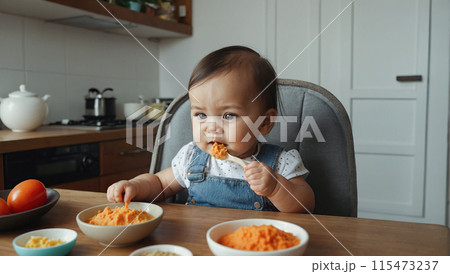 Happy child eats food himself with a spoon. 115473237