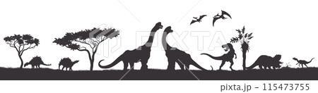 Jurassic landscape with dinosaur silhouettes. Isolated prehistoric panorama. Ancient raptors black drawing. Horizontal banner with dino and trees. Tyrannosaurus and triceratops on white background Jurassic landscape with dinosaur silhouettes. Isolated prehistoric panorama. Ancient raptors black drawing. Horizontal banner with dino and trees. Tyrannosaurus and triceratops on white background 115473755