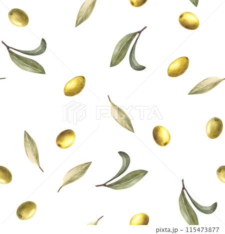 Olive fruits, berries with green leaves seamless pattern. Watercolor hand drawn botanical food illustration. Nature clipart for cosmetic label packing, fabric, wallpaper print on isolated background. 115473877