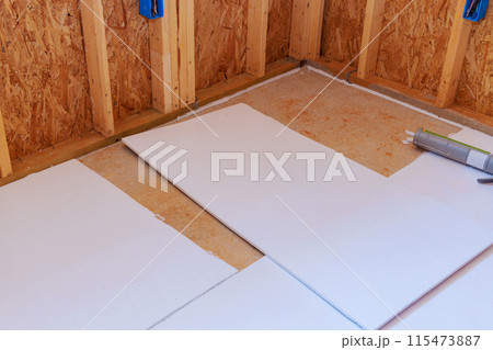 Expansion polystyrene installation for floor thermal insulation in new house Expansion polystyrene installation for floor thermal insulation in new house 115473887