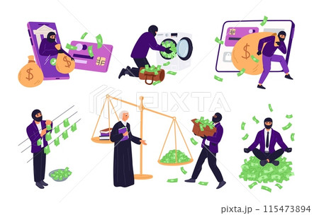 Illegal profit. Money laundering. Criminal activity. Breaking law. Economic corruption. Theft from mobile banking credit card. Bribery and theft. Dirty banknotes. Garish vector set 115473894