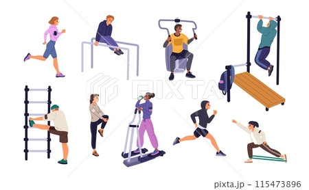 People do sports. Street fitness equipment and turnstiles. Athletes doing exercises. City workout. Persons training. Man on treadmill. Woman running. Squat and stretching. Garish vector set 115473896