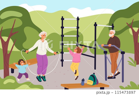 People on street workout. Elderly couple with children train on sport field. City fitness equipment. Kids playing at gymnastic turnstiles. Granny jumping rope. Garish vector concept People on street workout. Elderly couple with children train on sport field. City fitness equipment. Kids playing at gymnastic turnstiles. Granny jumping rope. Garish vector concept 115473897