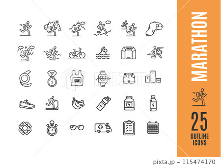 Marathon Element Black Thin Line Icon Set. Vector Marathon Element Black Thin Line Icon Set. Vector 115474170