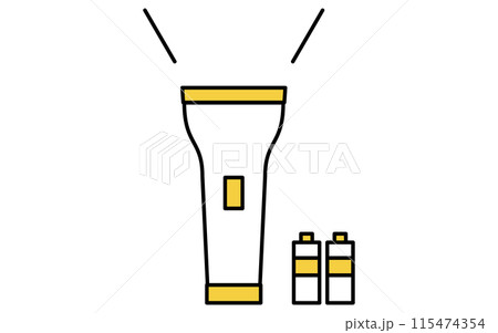 防災グッズ、懐中電灯と乾電池のシンプルな線画アイコン 115474354