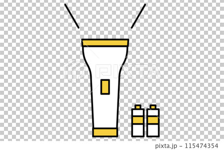 防災グッズ、懐中電灯と乾電池のシンプルな線画アイコン 115474354