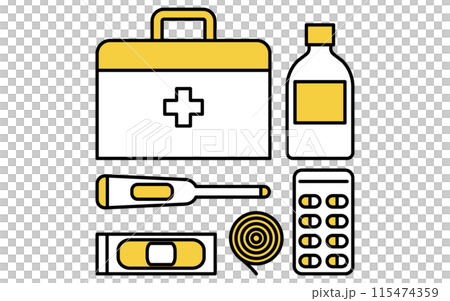 Disaster prevention supplies, first aid supplies set simple line icon 115474359