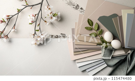 Spring Blossoms and Pastel Swatches on Textured Background Spring Blossoms and Pastel Swatches on Textured Background 115474480