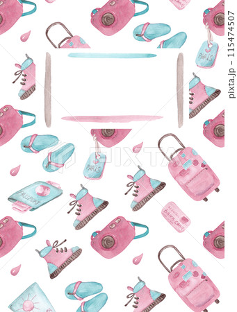 Cover with title window. Diary, notepad or sketchbook format. Watercolor pattern. Pink and mint clothing, travel accessories. 90s style template. Fashionable girlish print Cover with title window. Diary, notepad or sketchbook format. Watercolor pattern. Pink and mint clothing, travel accessories. 90s style template. Fashionable girlish print 115474507