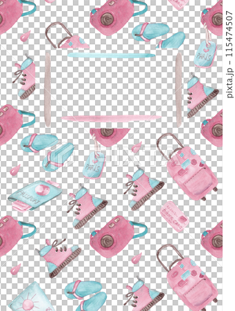 Cover with title window. Diary, notepad or sketchbook format. Watercolor pattern. Pink and mint clothing, travel accessories. 90s style template. Fashionable girlish print Cover with title window. Diary, notepad or sketchbook format. Watercolor pattern. Pink and mint clothing, travel accessories. 90s style template. Fashionable girlish print 115474507