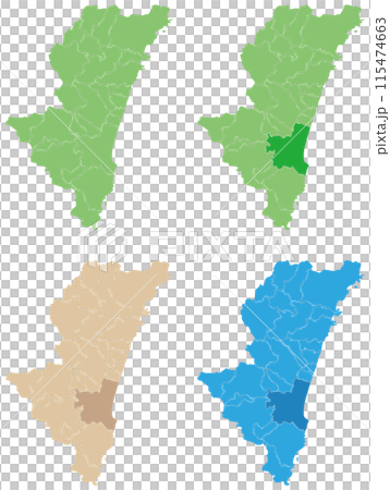可分割的宮崎縣地圖顏色編碼集 可分割的宮崎縣地圖顏色編碼集 115474663