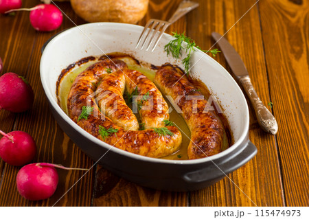 homemade sausage baked in the oven 115474973