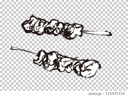 手繪日式毛筆插畫兩件烤雞肉串，黑白，單色，單色，線條畫 115475154