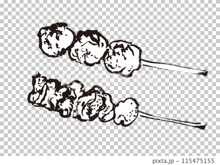 焼き鳥2本の手書きの和風筆書きイラスト　白黒,モノクロ,単色,線画 115475155